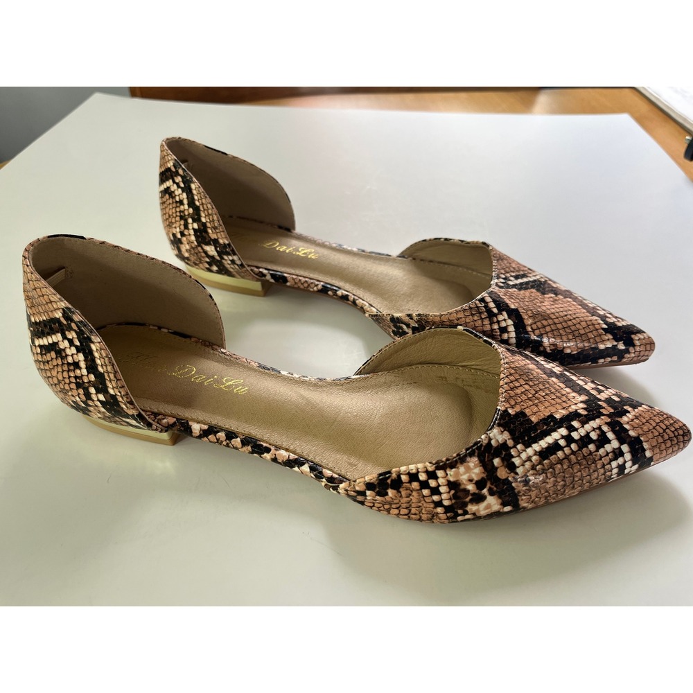 Snakeskin Print Pointed Toe D'Orsay Flats Brown Tan Gold Accent Size 39